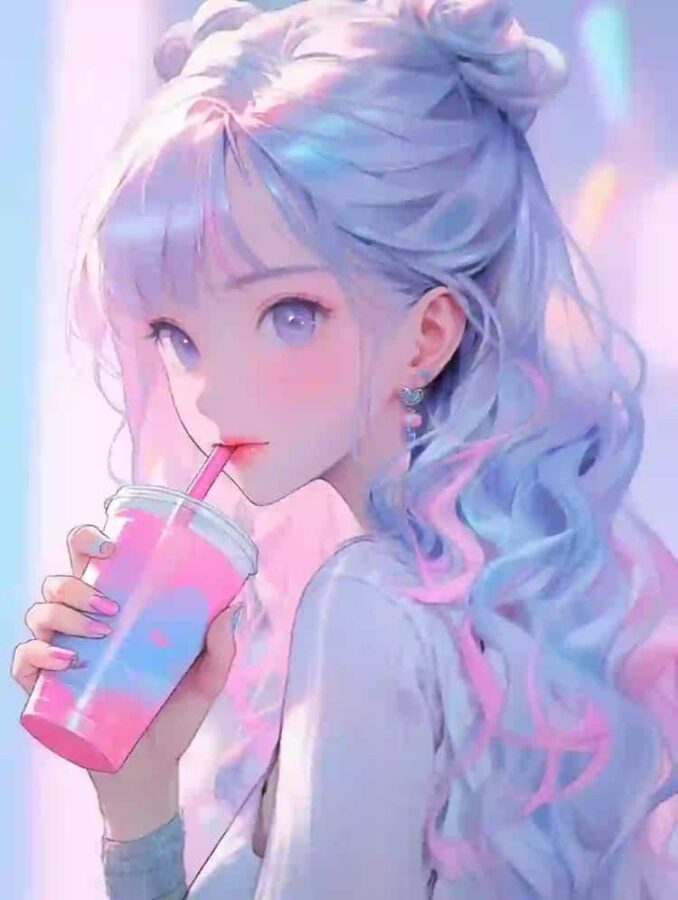 唯美紫色系喝奶茶的女孩微信头像 奶茶控必备动漫女头_14
