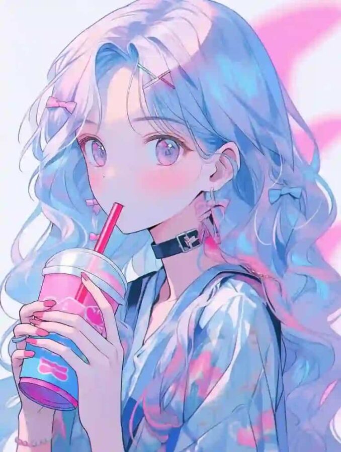 唯美紫色系喝奶茶的女孩微信头像 奶茶控必备动漫女头_15