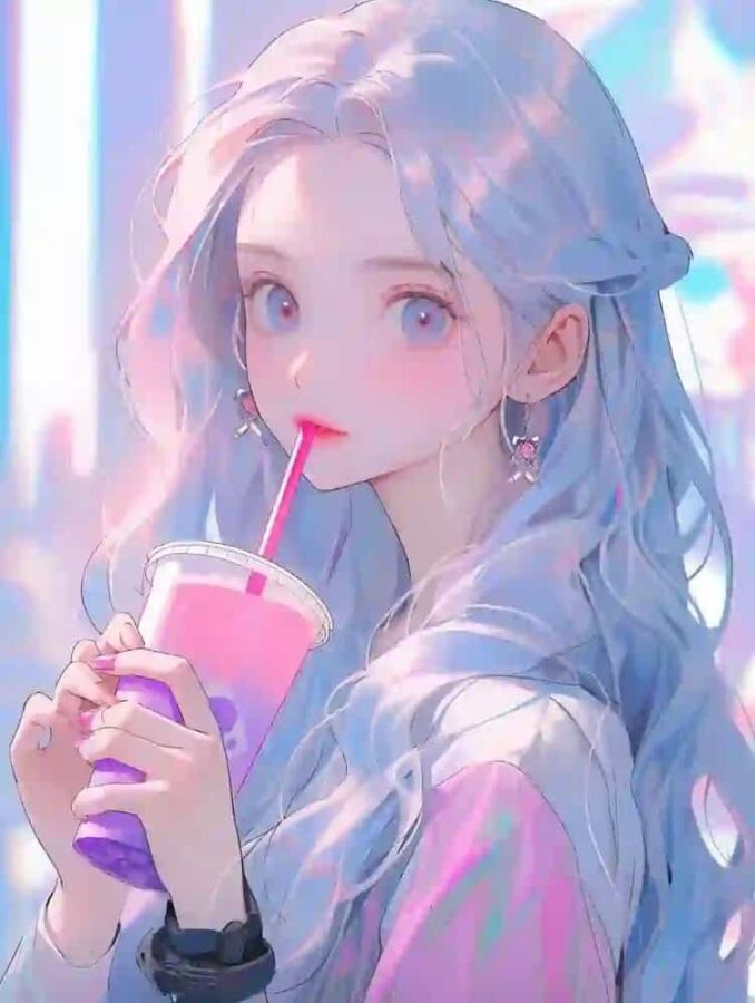 唯美紫色系喝奶茶的女孩微信头像 奶茶控必备动漫女头_16