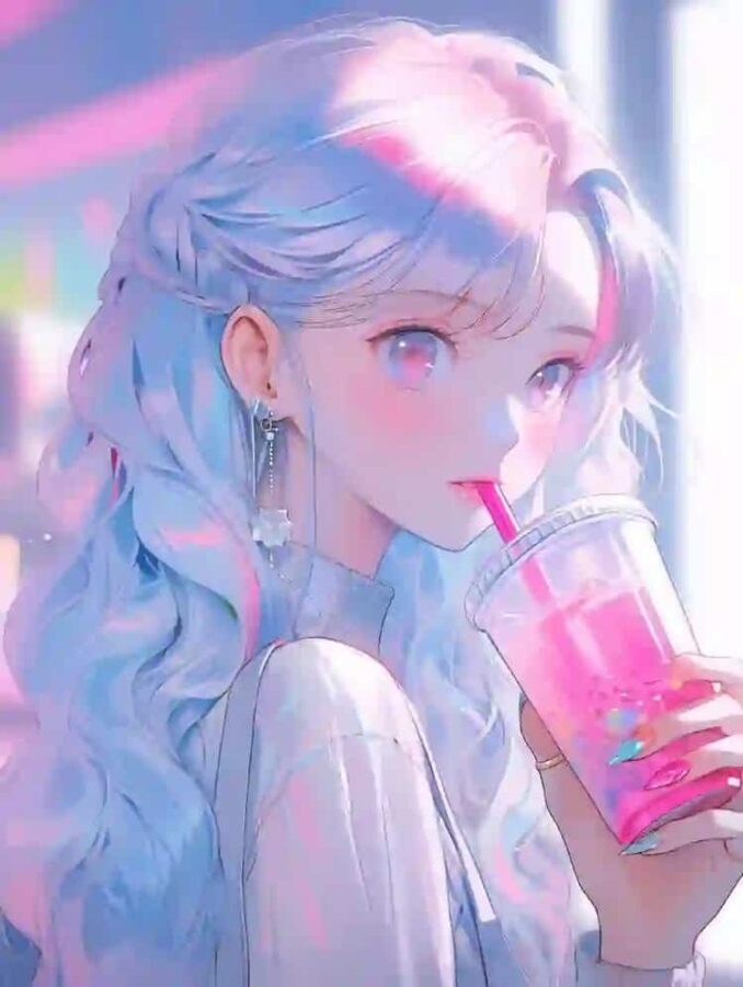 唯美紫色系喝奶茶的女孩微信头像 奶茶控必备动漫女头_17