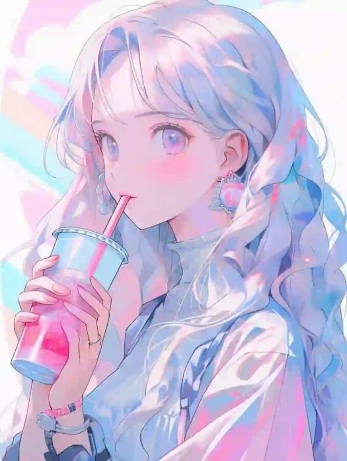 唯美紫色系喝奶茶的女孩微信头像 奶茶控必备动漫女头_18