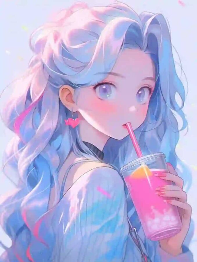 唯美紫色系喝奶茶的女孩微信头像 奶茶控必备动漫女头_19