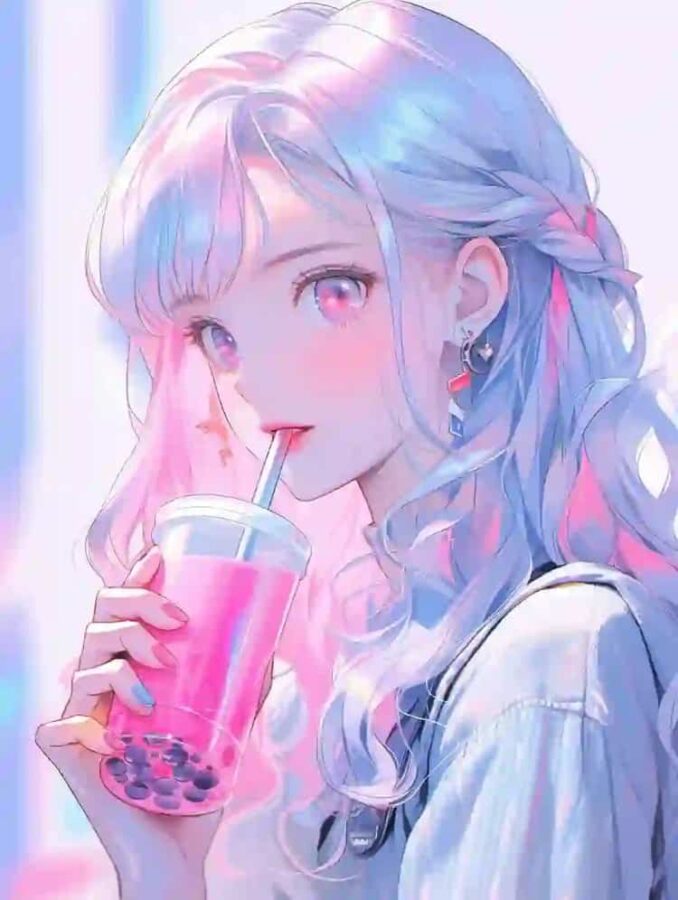 唯美紫色系喝奶茶的女孩微信头像 奶茶控必备动漫女头_20