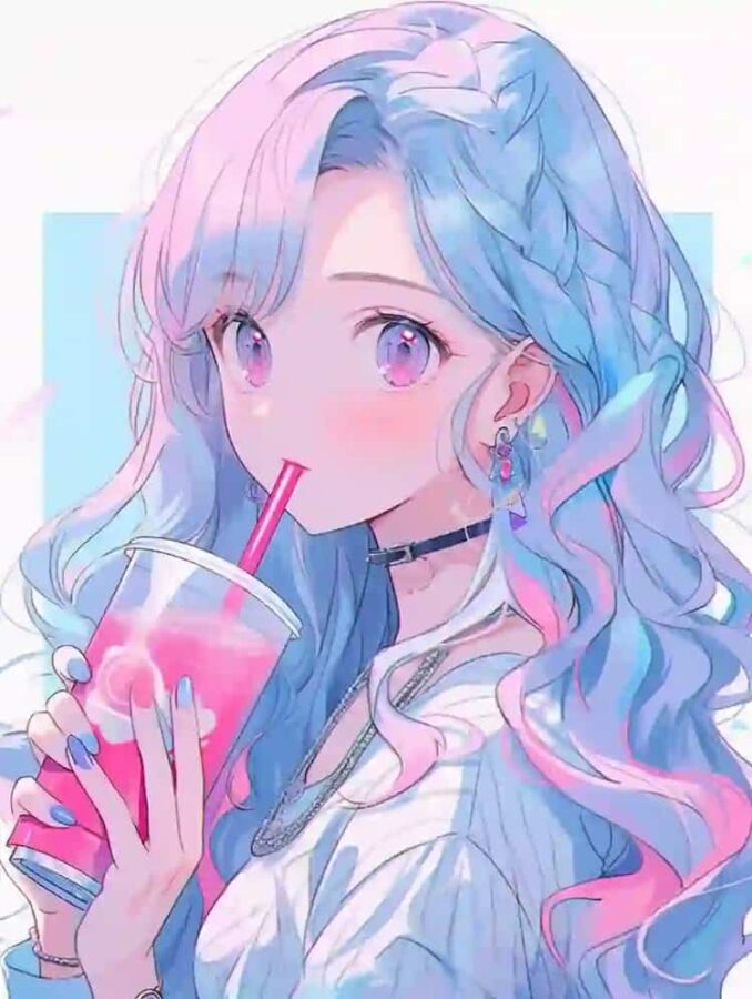 唯美紫色系喝奶茶的女孩微信头像 奶茶控必备动漫女头_21