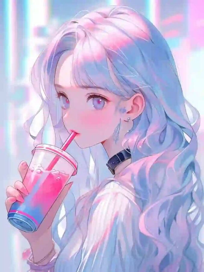 唯美紫色系喝奶茶的女孩微信头像 奶茶控必备动漫女头_22