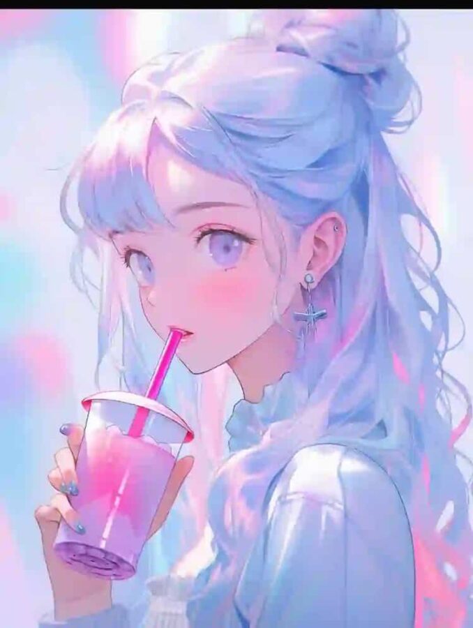 唯美紫色系喝奶茶的女孩微信头像 奶茶控必备动漫女头_23