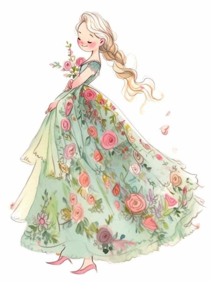 穿花朵礼服的小仙女微信头像 简约插画风卡通唯美女头_1
