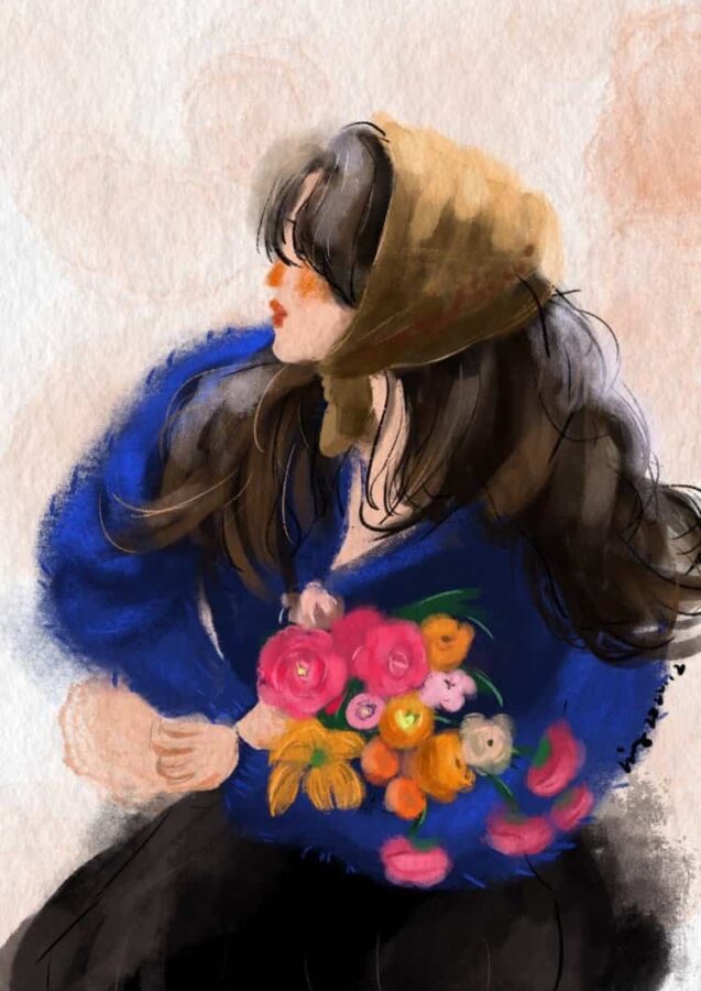 长发女生手拿鲜花女生头像 唯美带来好运的女人闺蜜头像手绘版_1