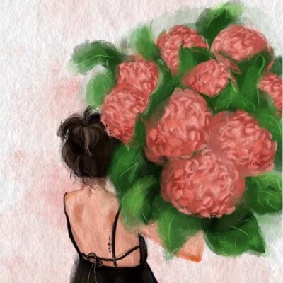 长发女生手拿鲜花女生头像 唯美带来好运的女人闺蜜头像手绘版