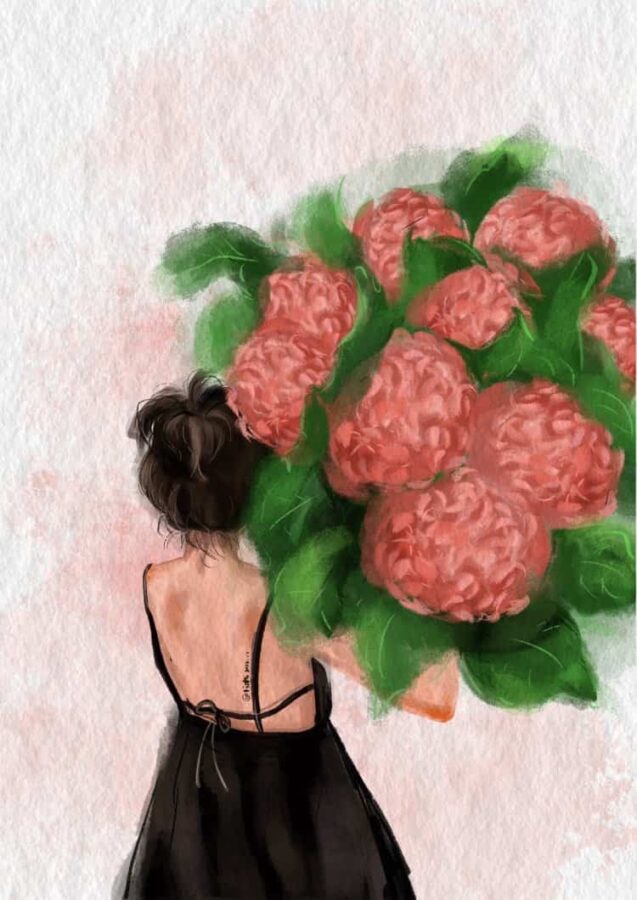 长发女生手拿鲜花女生头像 唯美带来好运的女人闺蜜头像手绘版_3
