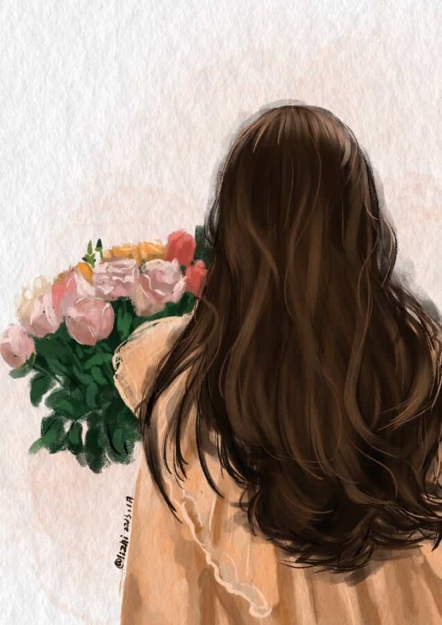 长发女生手拿鲜花女生头像 唯美带来好运的女人闺蜜头像手绘版_4
