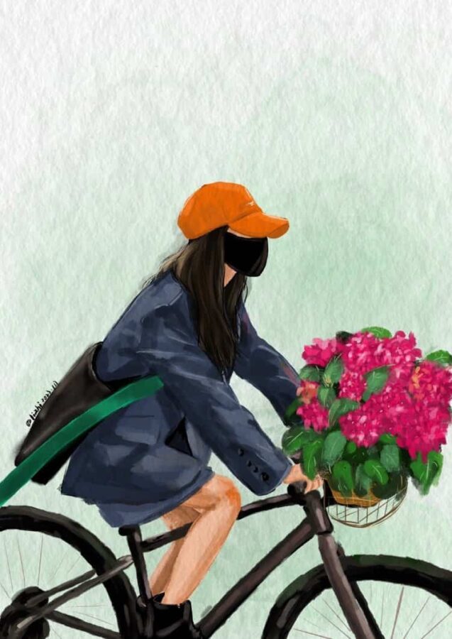 长发女生手拿鲜花女生头像 唯美带来好运的女人闺蜜头像手绘版_7