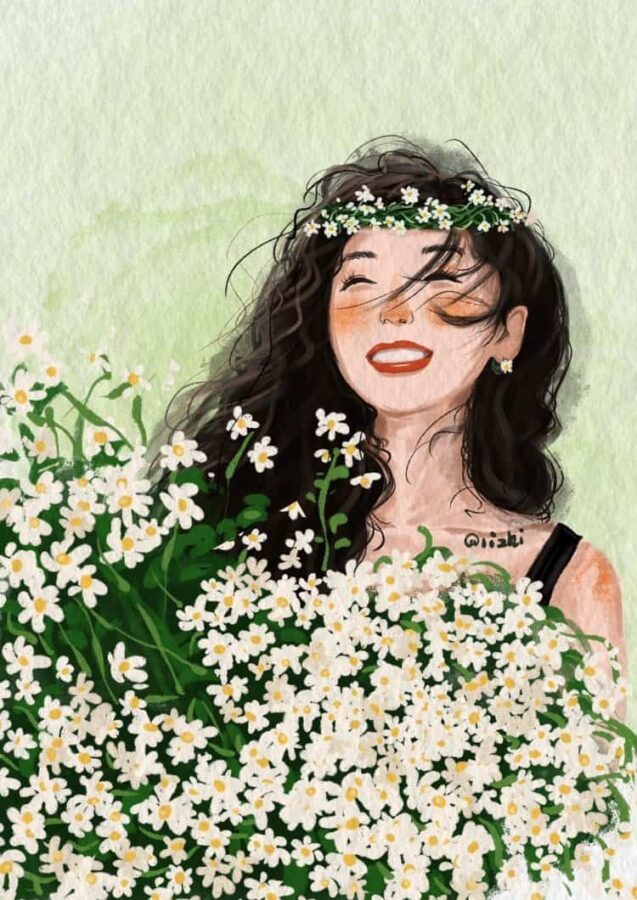 长发女生手拿鲜花女生头像 唯美带来好运的女人闺蜜头像手绘版_9