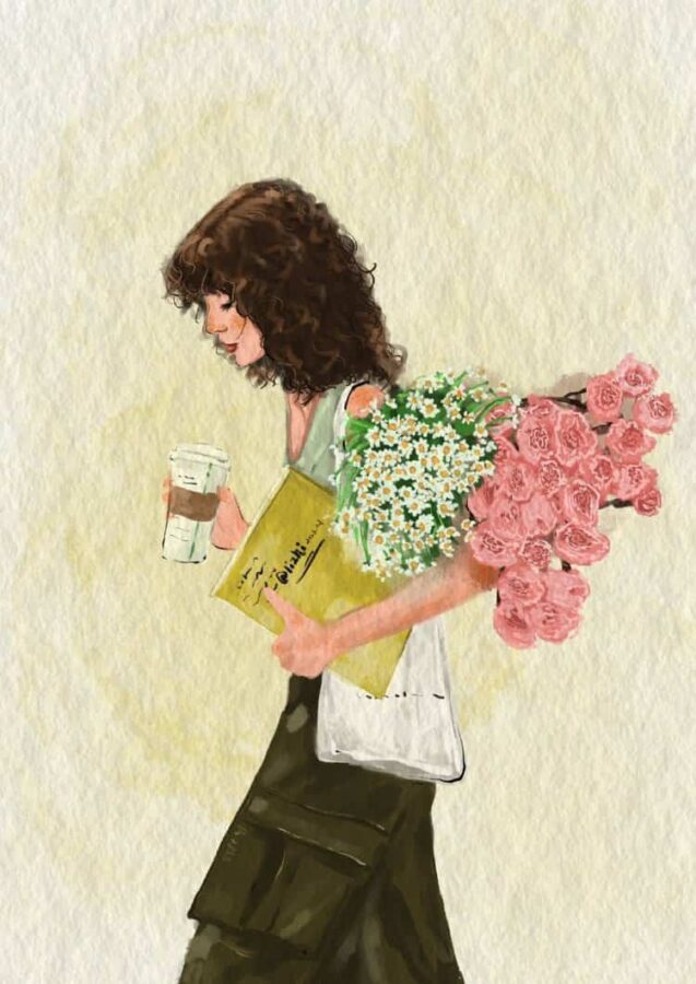 长发女生手拿鲜花女生头像 唯美带来好运的女人闺蜜头像手绘版_12