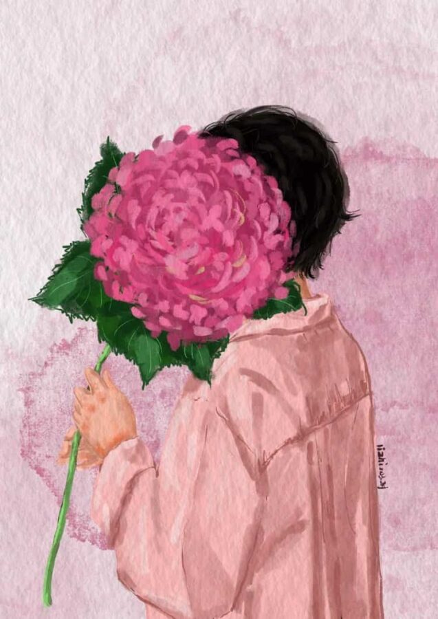 长发女生手拿鲜花女生头像 唯美带来好运的女人闺蜜头像手绘版_13