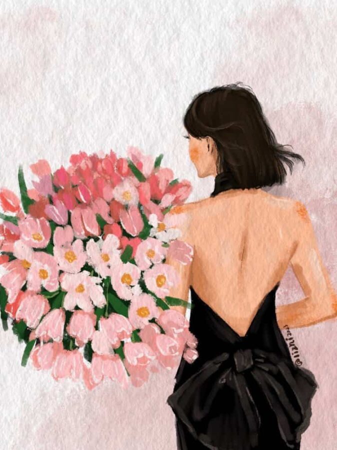 长发女生手拿鲜花女生头像 唯美带来好运的女人闺蜜头像手绘版_14