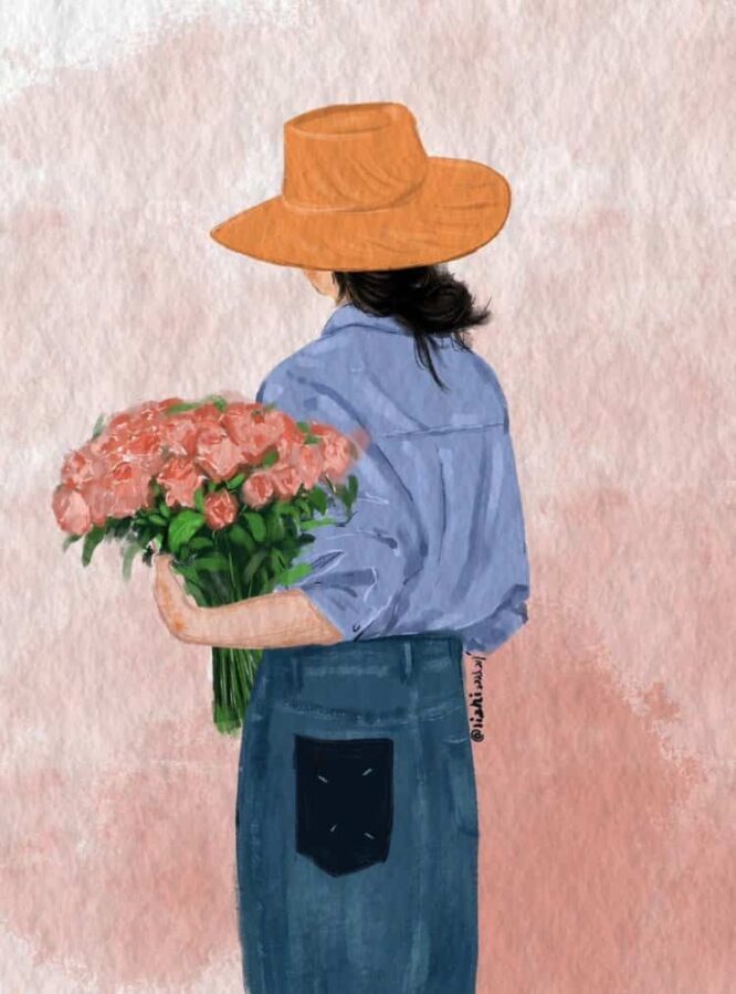 长发女生手拿鲜花女生头像 唯美带来好运的女人闺蜜头像手绘版_15