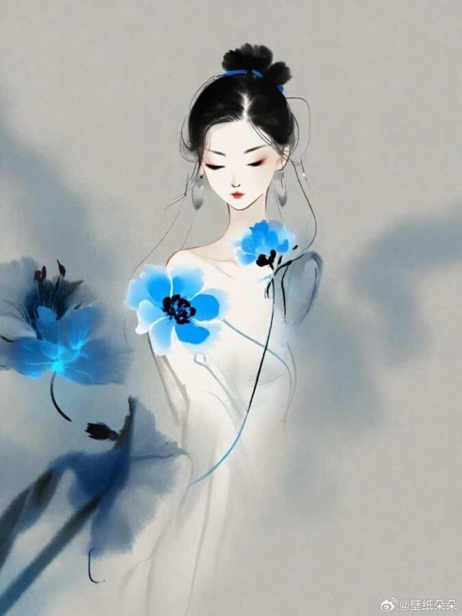 蓝灰色水墨画古风微信女头 看淡一切善待自己优雅温柔女生头像_7