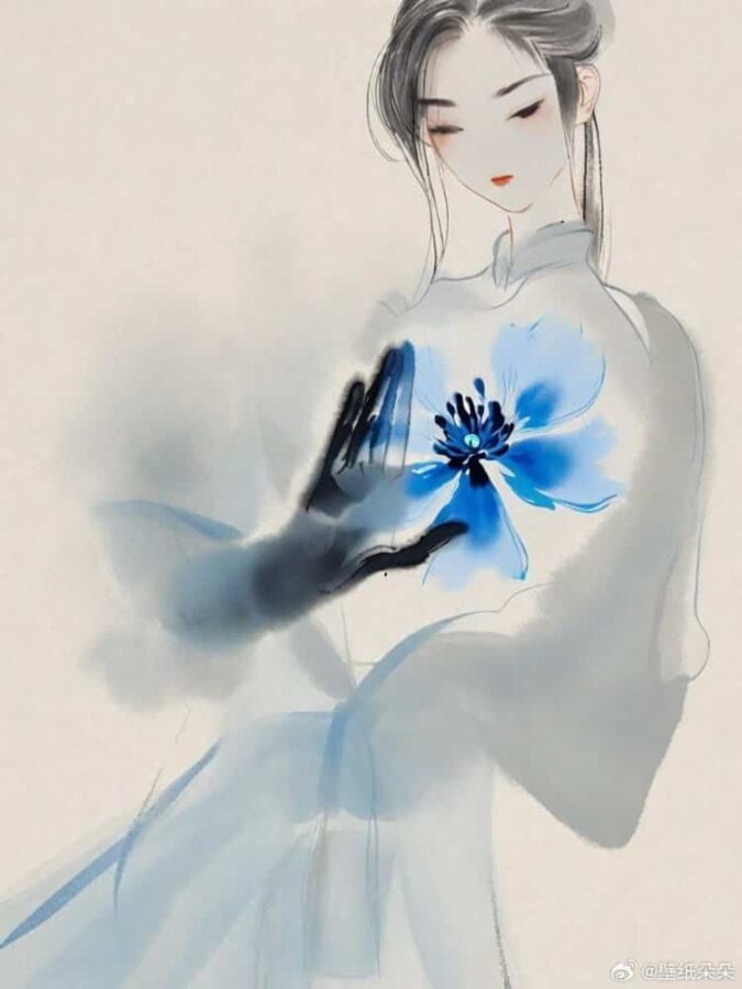 蓝灰色水墨画古风微信女头 看淡一切善待自己优雅温柔女生头像_8