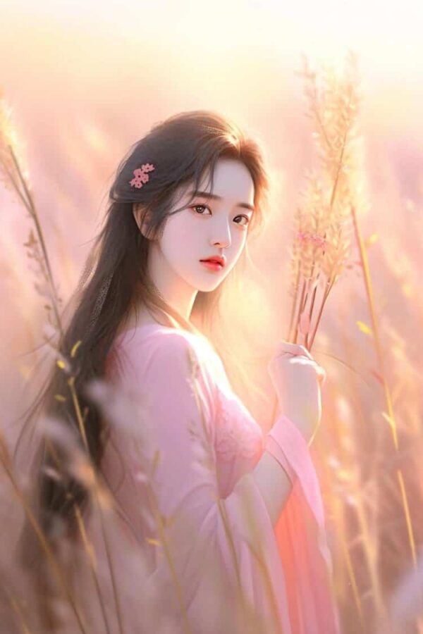 秋天粉色芦苇气质淑女微信头像 AI秋季温柔长发女生头像_1