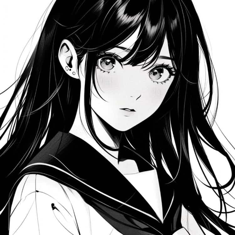 冷酷霸气的黑白系列动漫女头 简单手绘长发暗黑系女生头像_3