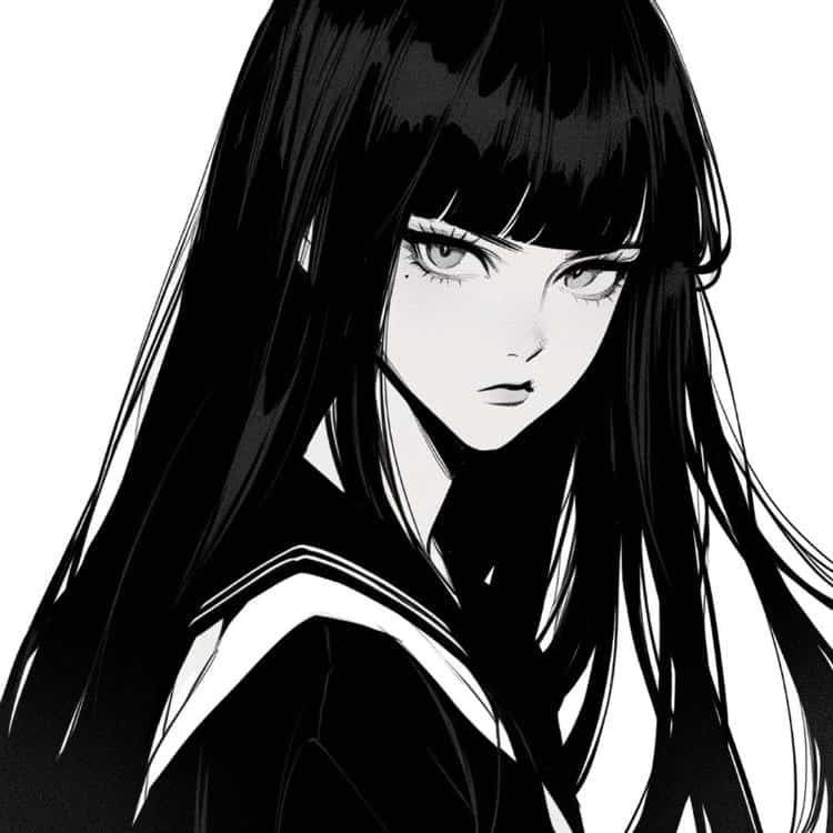冷酷霸气的黑白系列动漫女头 简单手绘长发暗黑系女生头像_4