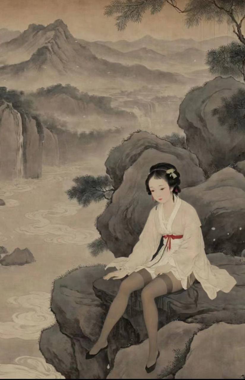 Ai 会作画古代美女穿丝袜 《秋山仕女图》 ​​​_1