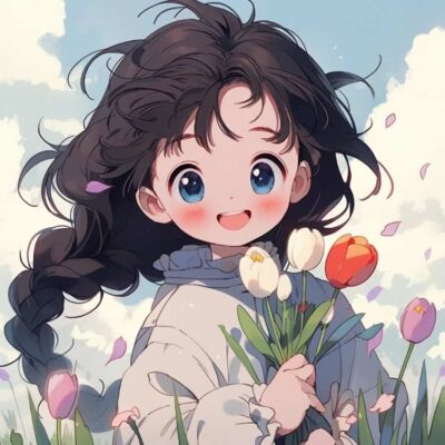 男孩女孩手捧郁金香唯美动漫情侣头像 一人一张抱花治愈系情头