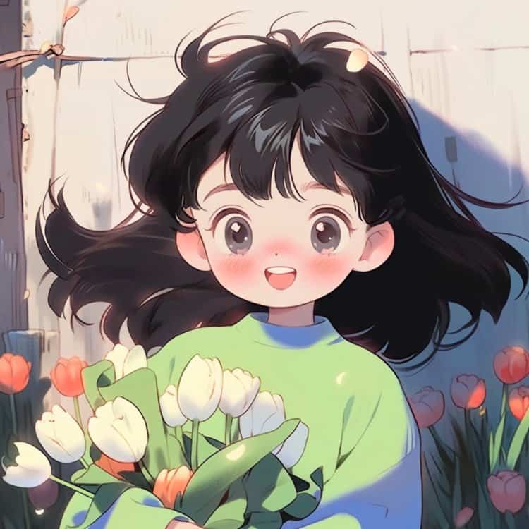 男孩女孩手捧郁金香唯美动漫情侣头像 一人一张抱花治愈系情头_1