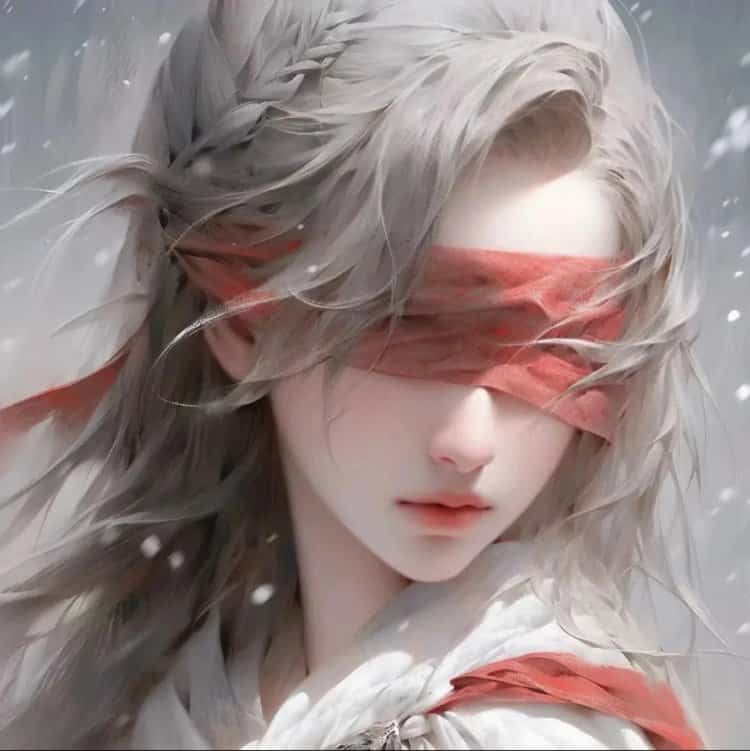 唯美古风丝带蒙眼情侣头像 古装男女蒙住眼睛AI动漫情头_13