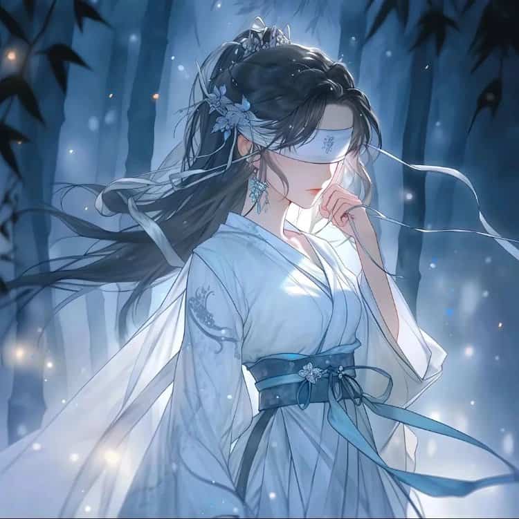唯美古风丝带蒙眼情侣头像 古装男女蒙住眼睛AI动漫情头_5