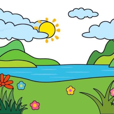 一年四季简单风景简笔画 落日山峰河流彩色简笔画图片