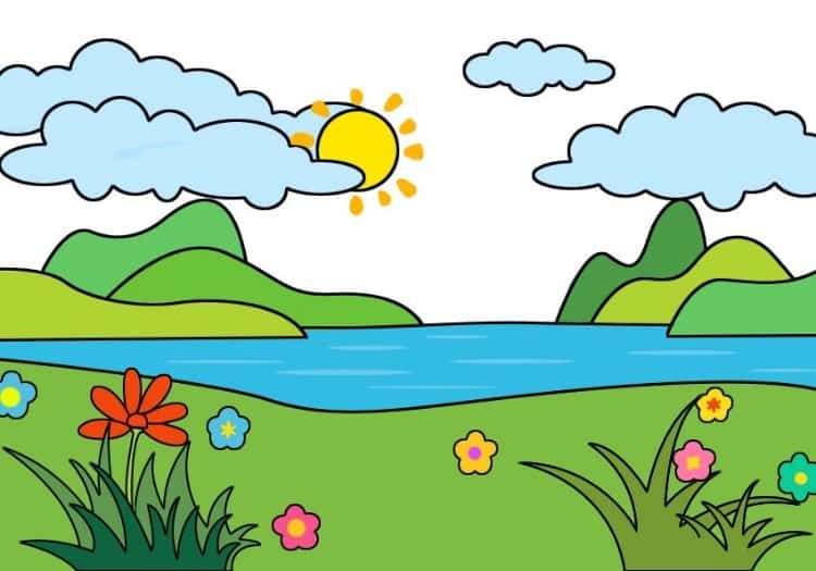 一年四季简单风景简笔画 落日山峰河流彩色简笔画图片_1