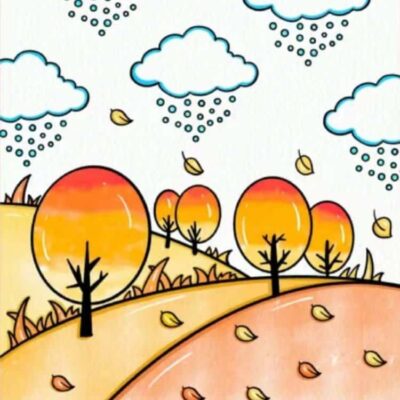 简单好看的秋天风景简笔画作品图 晴天雨天风景图