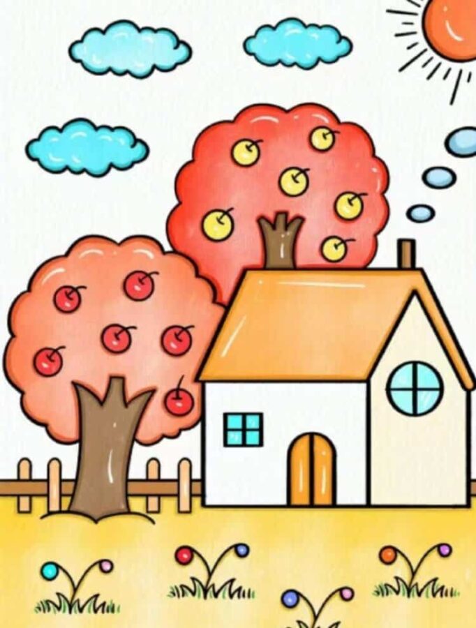 简单好看的秋天风景简笔画作品图 晴天雨天风景图_4