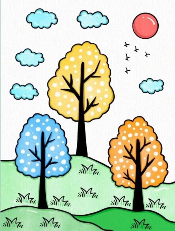 简单好看的秋天风景简笔画作品图 晴天雨天风景图_6
