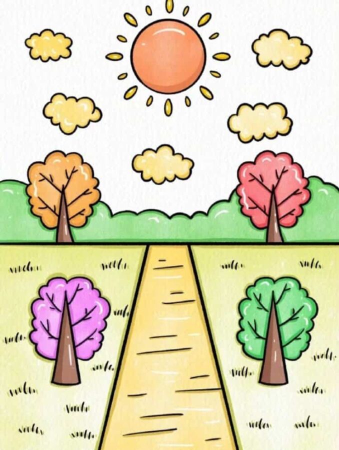 简单好看的秋天风景简笔画作品图 晴天雨天风景图_7