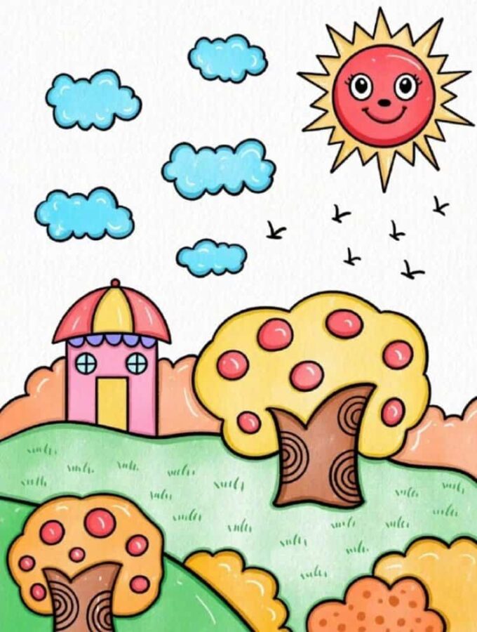 简单好看的秋天风景简笔画作品图 晴天雨天风景图_9