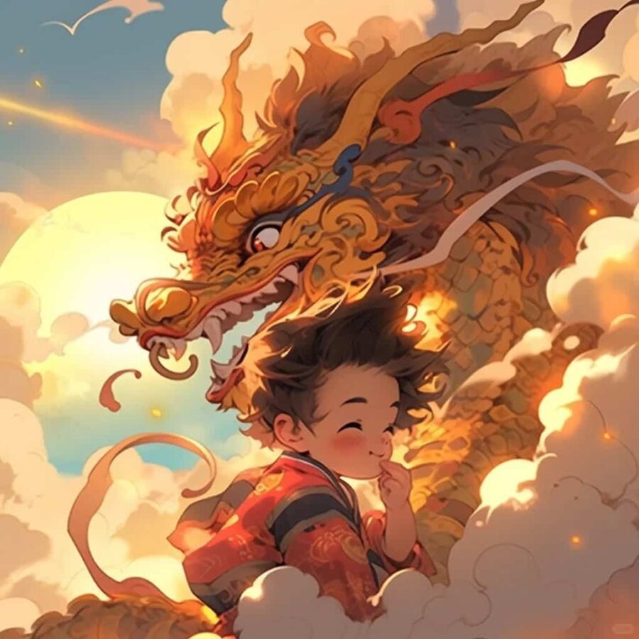 男孩女孩和龙在一起的AI国风动漫龙年微信头像 能量很强的头像_3
