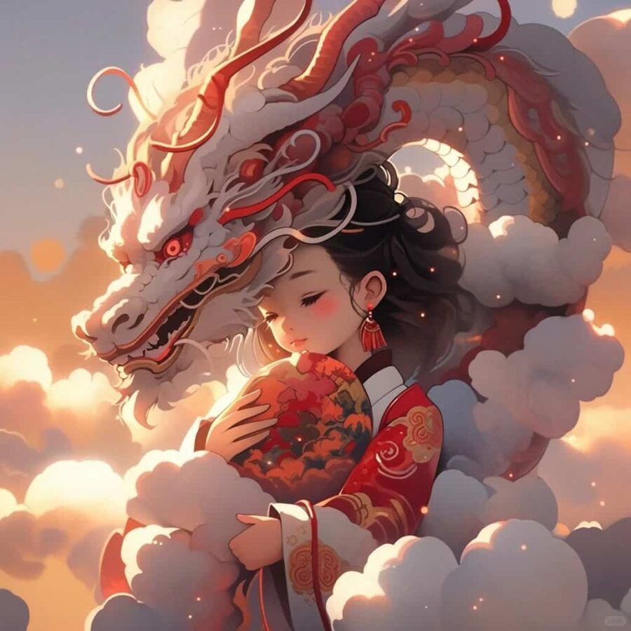 男孩女孩和龙在一起的AI国风动漫龙年微信头像 能量很强的头像_5