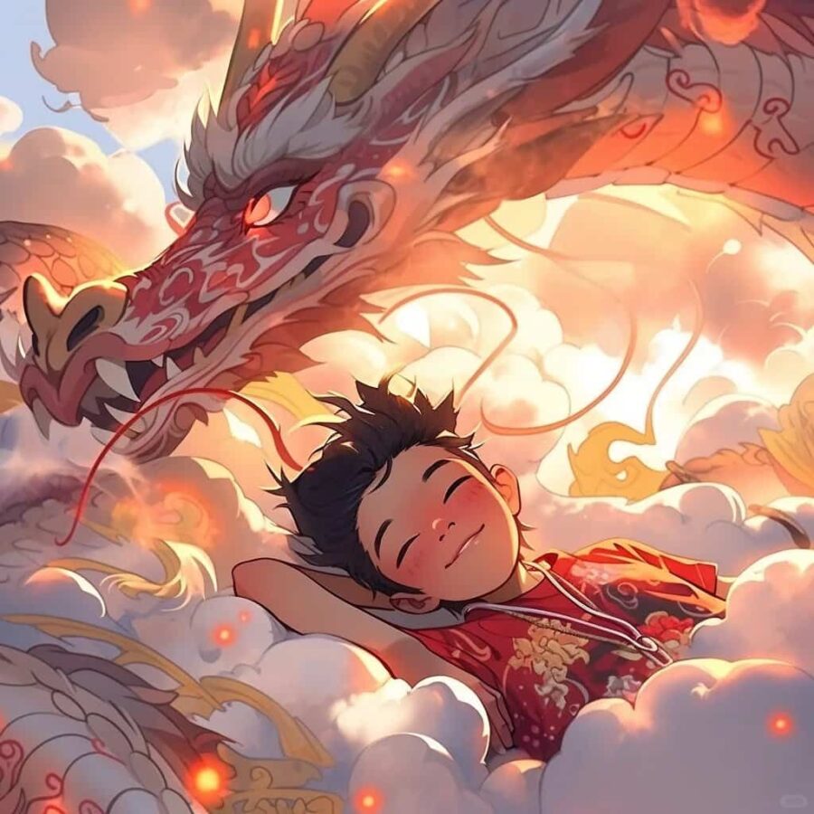 男孩女孩和龙在一起的AI国风动漫龙年微信头像 能量很强的头像_7