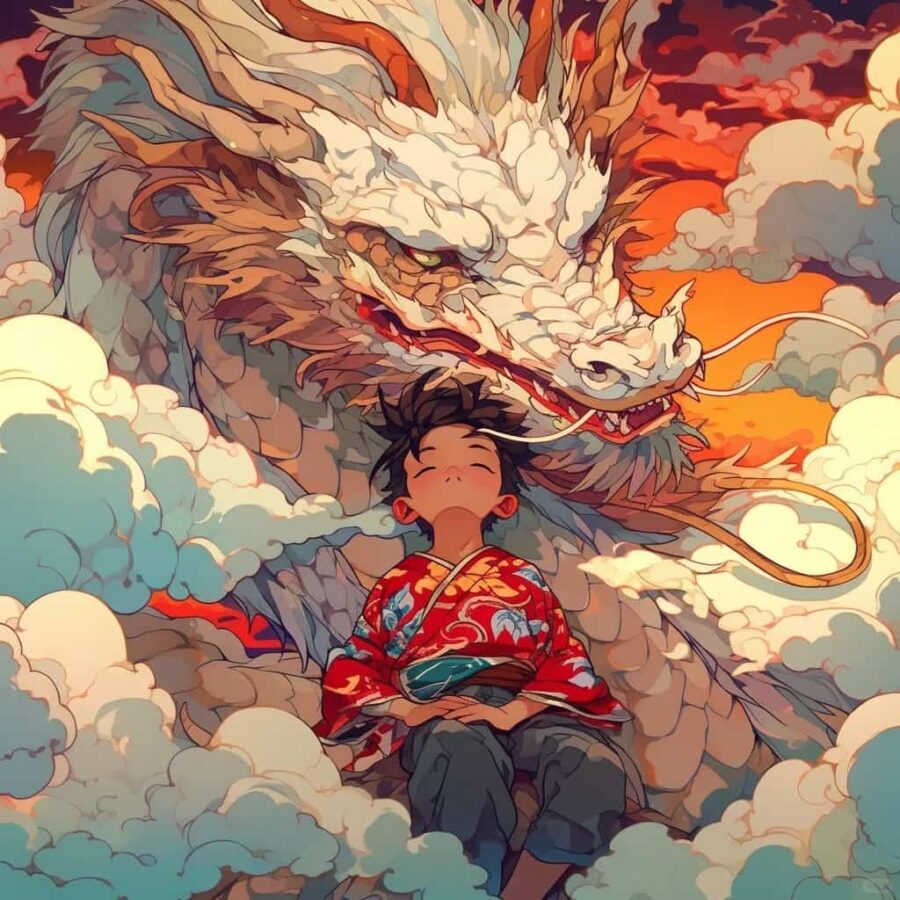 男孩女孩和龙在一起的AI国风动漫龙年微信头像 能量很强的头像_10