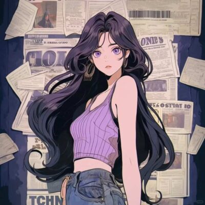 旧漫复古港风紫色系女生头像 长发美女海报风AI帅气酷拽女头