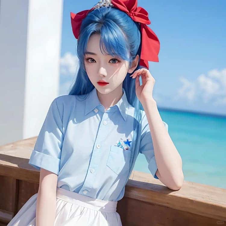 独特蓝色系甜美夏日AI情侣头像 蓝色天空背景情头_8