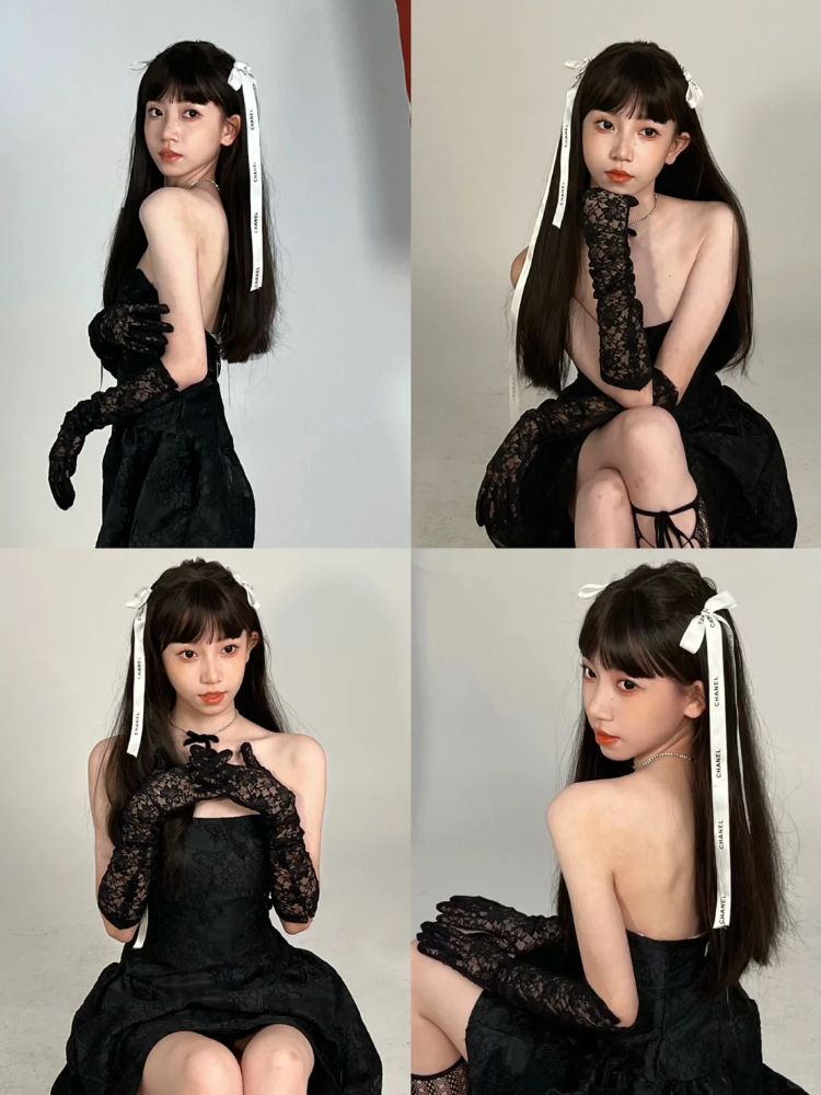 女性黑色蕾丝抹胸开叉短裙穿搭图片_2