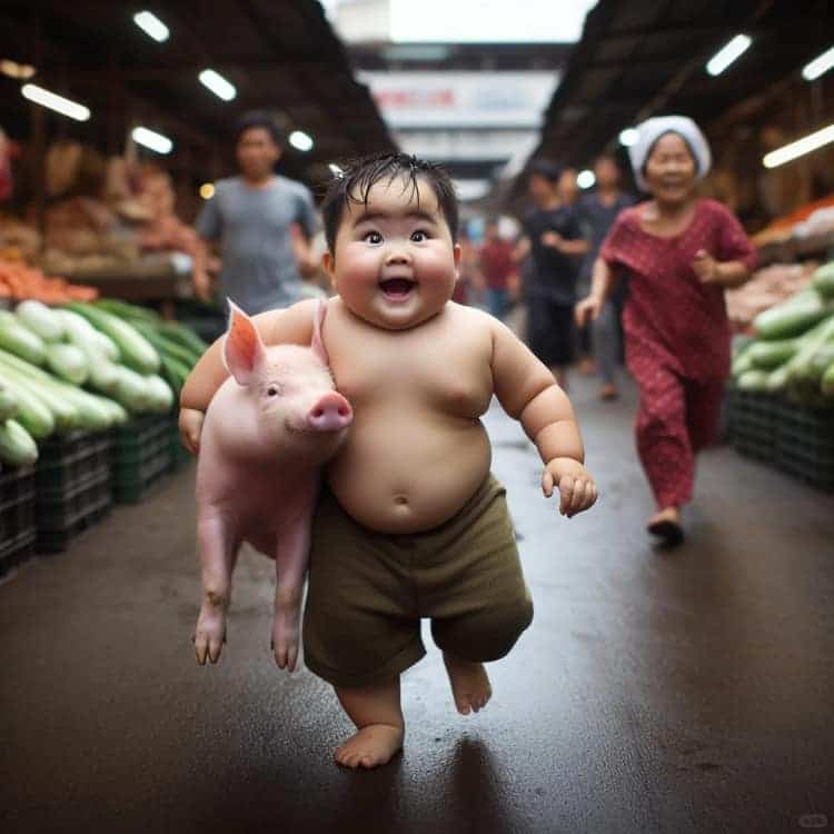 男孩小胖子抱猪跑AI动漫微信头像_6