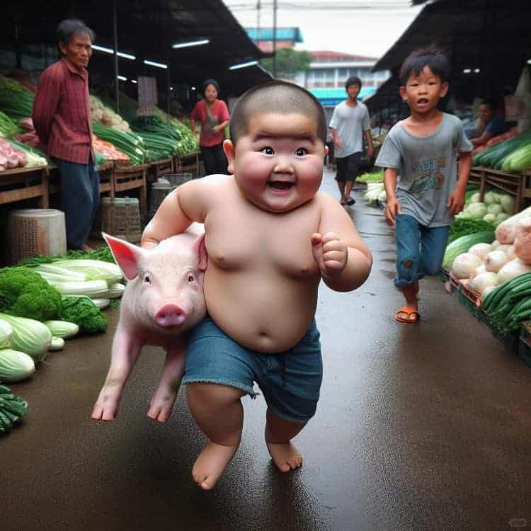 男孩小胖子抱猪跑AI动漫微信头像_9