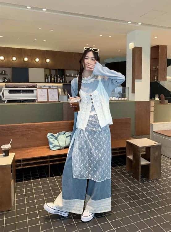 女生牛仔裤蕾丝屁帘遮臀部穿搭真人效果图_12