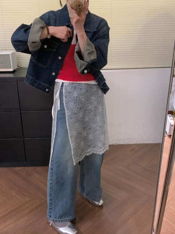 女生牛仔裤蕾丝屁帘遮臀部穿搭真人效果图_13