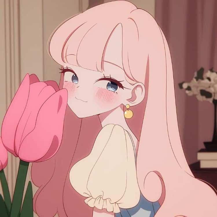 甜美元气少女手拿粉色郁金花AI卡通微信头像_13